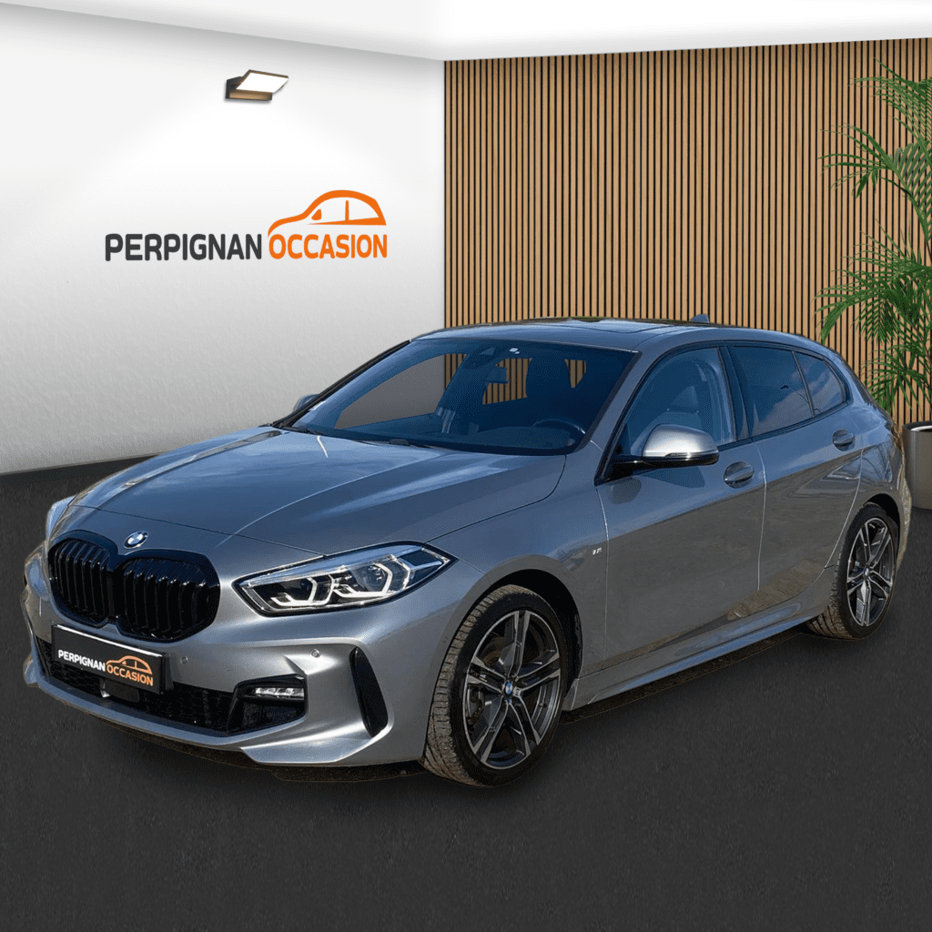 BMW Série 1 116d M Sport grise d'occasion à Narbonne – vue avant de la compacte / voiture occasion Narbonne